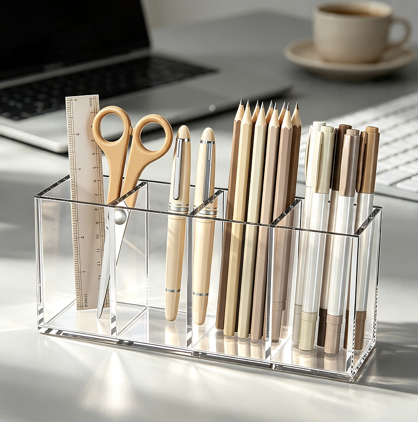 Four-Compartment Acrylic Pen Holder for Desk