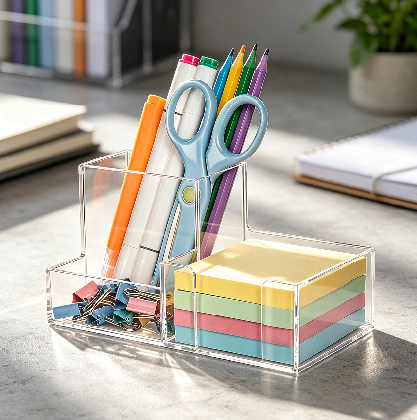 Three-Compartment Clear Pen Holder with Note Dispenser