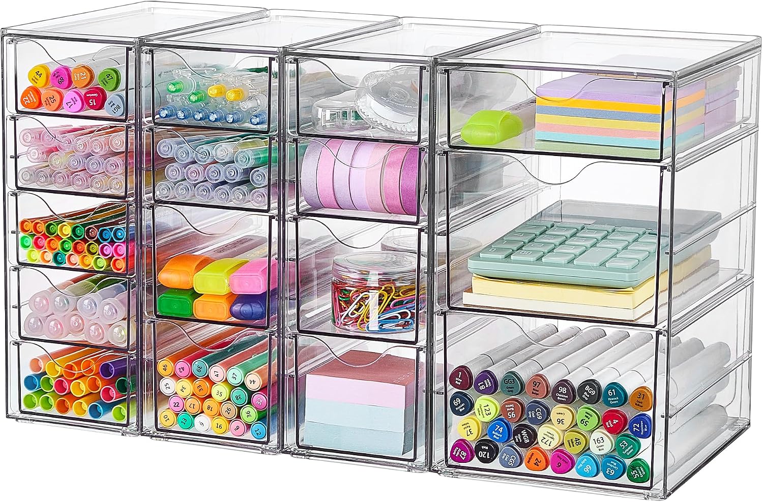 Four-Pack Clear Acrylic Desk Organiser with Sixteen Drawers